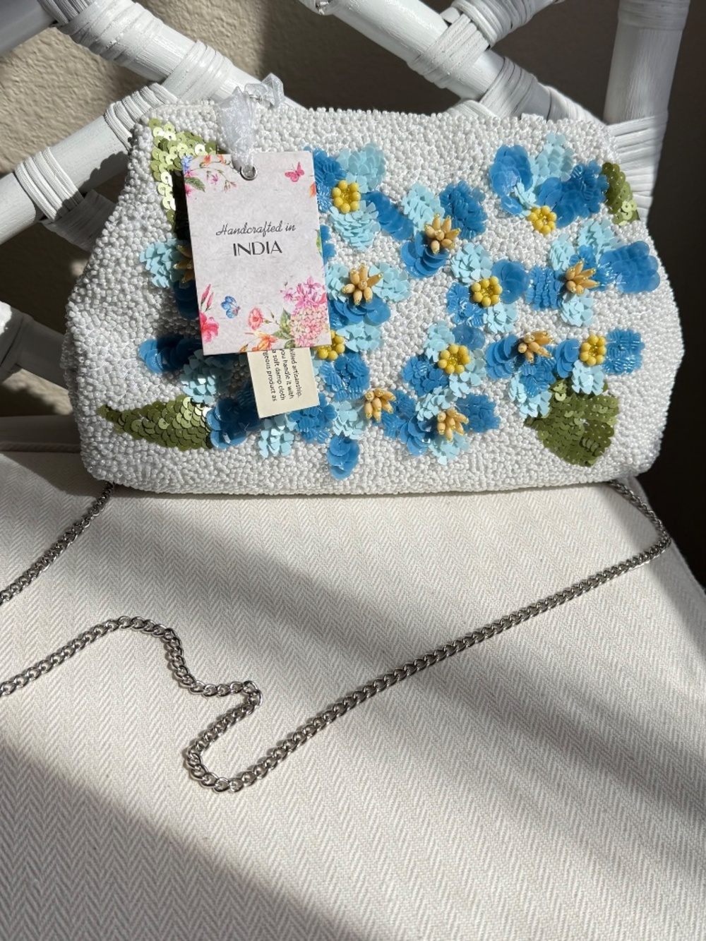 Handcrafted in India Floral Beaded Clutch Artisan White Blue Bag NWT